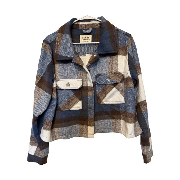 NWT Ashley Outerwear Plaid Wool Blend Shacket – Earthy Blue Brown Women’s Large - Picture 3 of 8